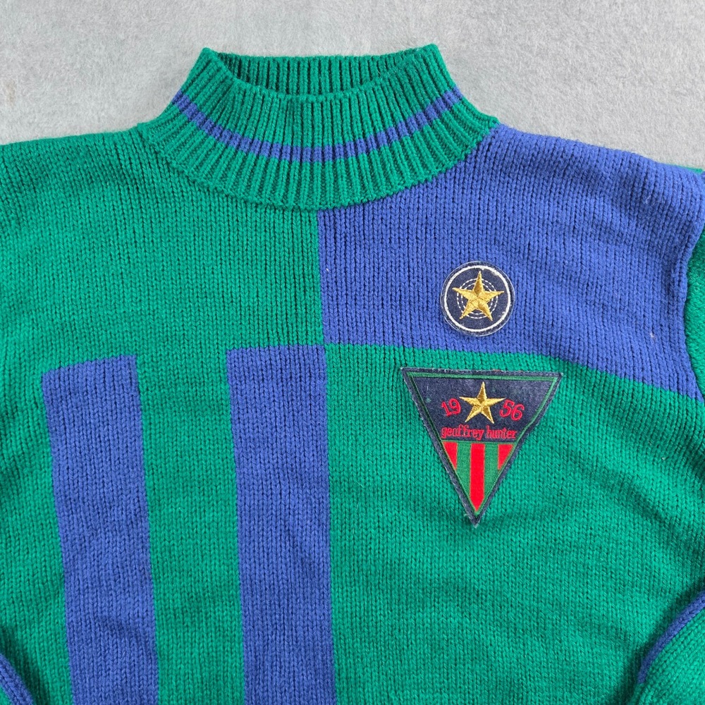 Geoffrey Hunter Knit Sweater Mens Medium Green Blue Colorblock Vintage Mock Neck
